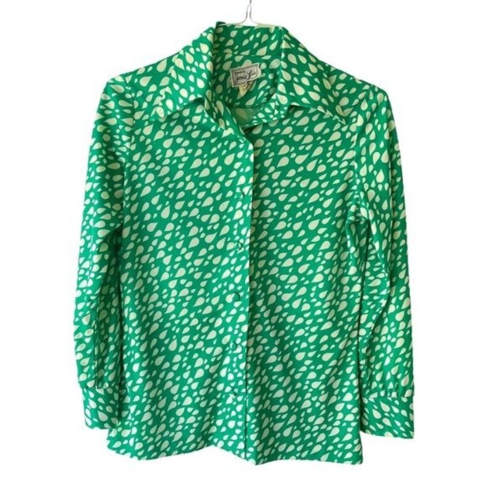 Trends By Jerrie Lurie Green and White Vintage 70s Button Up Top Medium